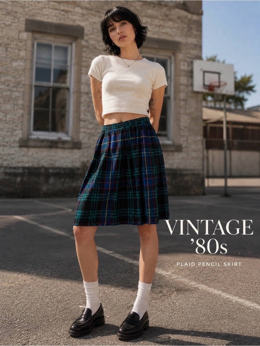 Vintage 80s Plaid Checkered Pencil School Girl Skirt rockabilly pin up pink lady